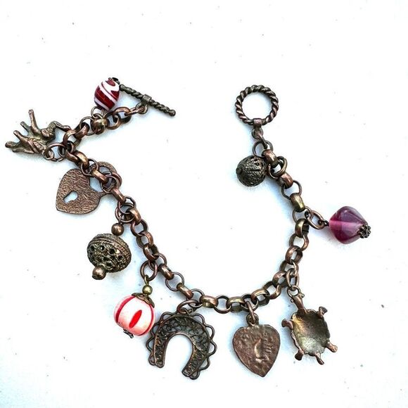 Brass  copper Charm Bracelet Pink Beads Turtle Heart Elephant Locket Horseshoe - Picture 2 of 9